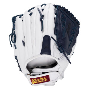 Front view of a white fastpitch softball glove with navy accents and "Shoeless" logo.