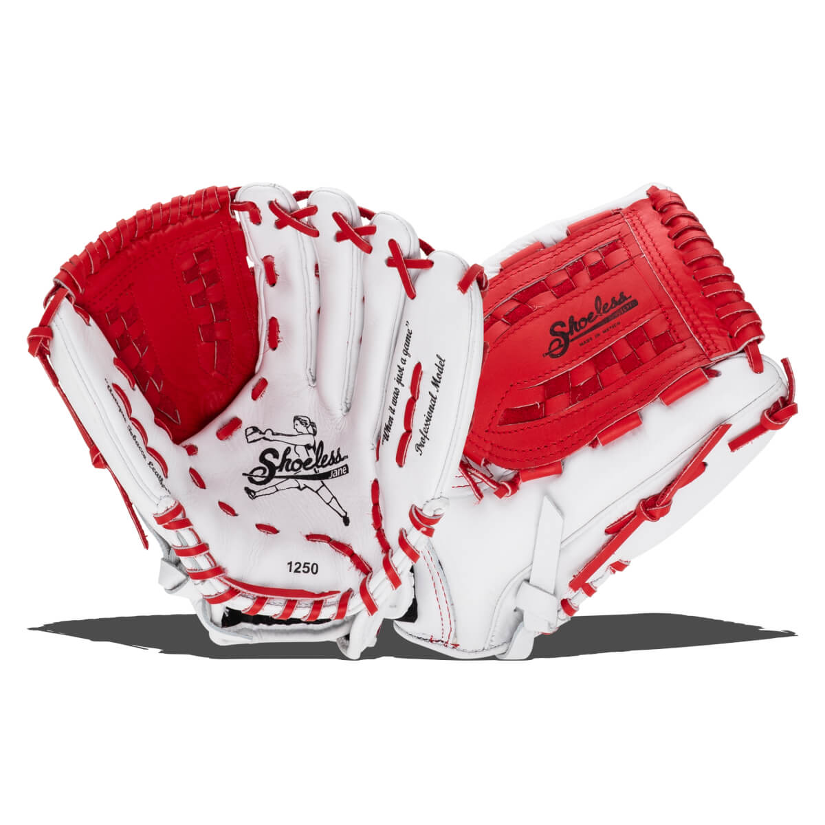 Top-down view showing two white and red Shoeless Joe Shoeless Jane fastpitch gloves with "Professional Model" and "1250" visible.