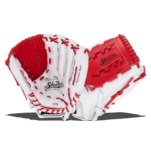 Top-down view showing two white and red Shoeless Joe Shoeless Jane fastpitch gloves with "Professional Model" and "1250" visible.