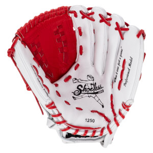 Front view of a white Shoeless Jane fastpitch softball glove with red lacing, showing the "Shoeless Jane" logo and "1250".