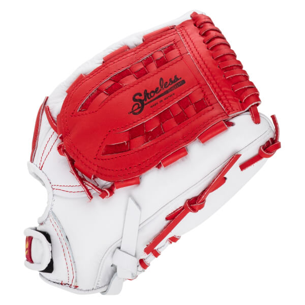 Corner view of a white and red Shoeless Joe fastpitch glove, showing the "Shoeless" logo and red lacing.