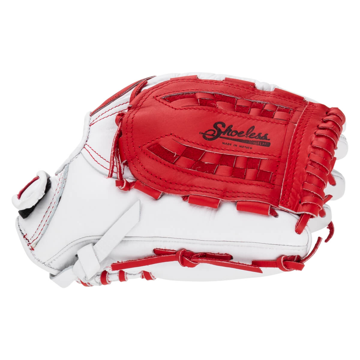 Front view of a white and red fastpitch softball glove featuring "Shoeless" and "MADE IN MEXICO" text.