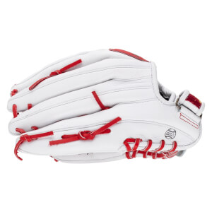 Side view of a white fastpitch softball glove with red lacing, showing "MADE IN MEXICO" stamp.