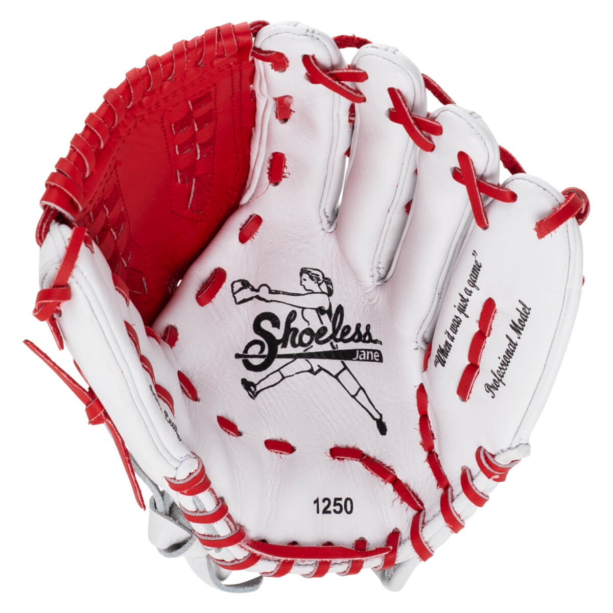 Inside view of a white and red Shoeless Jane Professional Series 12.50" fastpitch glove, showing the "Shoeless Jane" logo, "1250", and text.