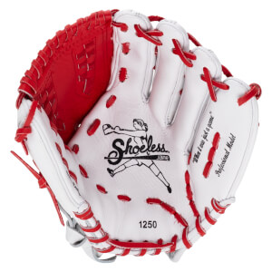 Inside view of a white and red Shoeless Jane Professional Series 12.50" fastpitch glove, showing the "Shoeless Jane" logo, "1250", and text.