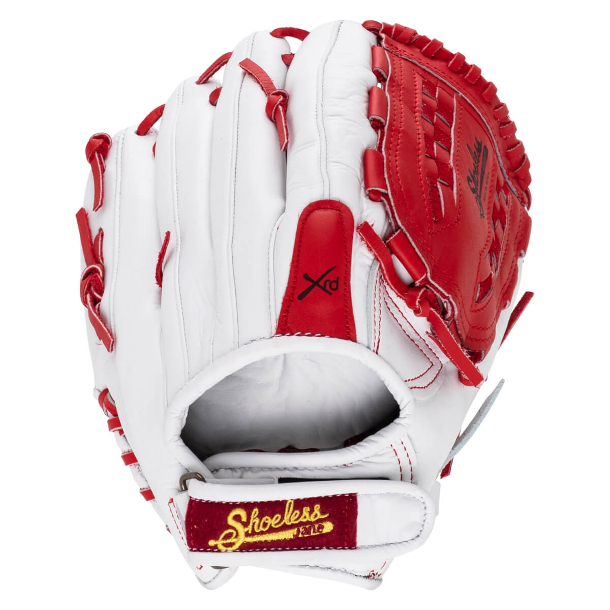 Front view of a white and red fastpitch softball glove showing "Shoeless Jane" logo and "Xrd" logo.