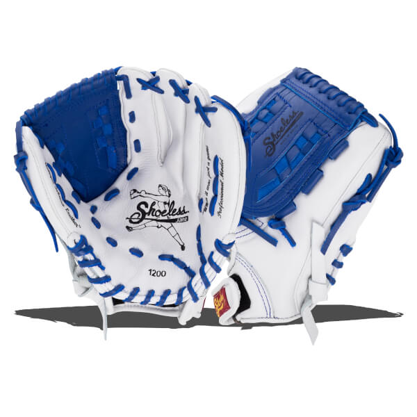 Front and back views of a white leather softball glove with blue basket web and laces, featuring the Shoeless Jane logo and 1200 model number on the palm.