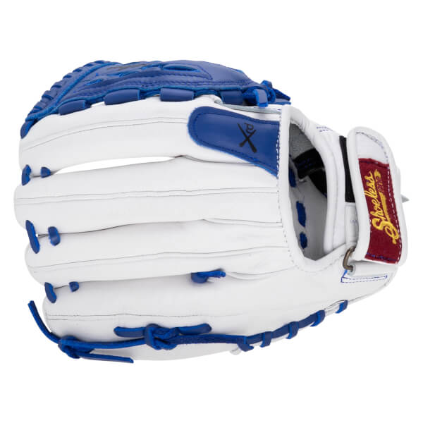 Back view of a white leather softball glove with blue laces and accents, featuring a maroon patch with gold Shoeless Jane text on the wrist strap.