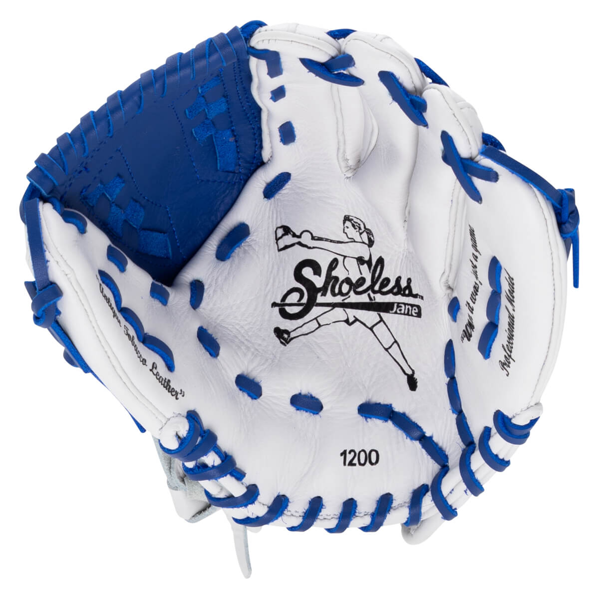 Front view of a white leather softball glove with blue laces and webbing, featuring the Shoeless Jane logo and "1200" stamped on the palm.