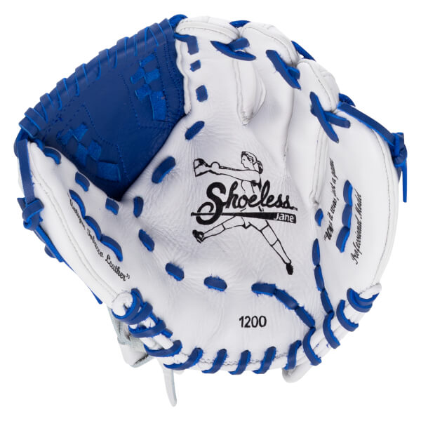 Front view of a white leather softball glove with blue laces and webbing, featuring the Shoeless Jane logo and "1200" stamped on the palm.