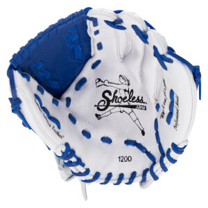 Front view of a white leather softball glove with blue laces and webbing, featuring the Shoeless Jane logo and "1200" stamped on the palm.