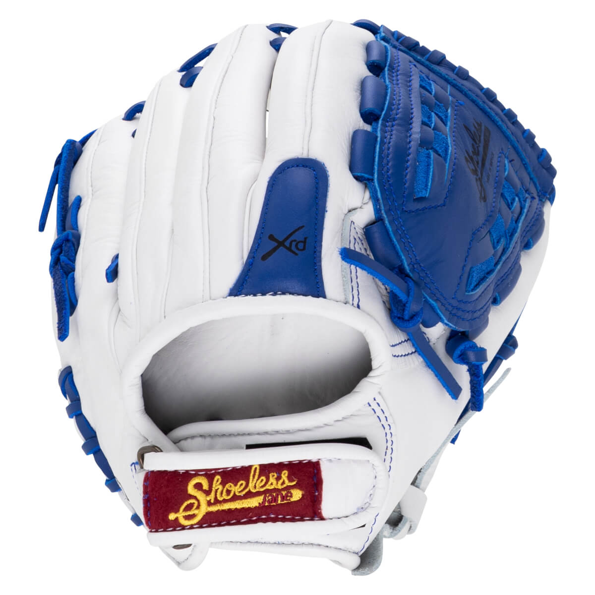 Back view of a white and blue softball glove featuring a blue index finger hood with an "Xrd" logo and a maroon "Shoeless Jane" logo patch on the wrist strap.