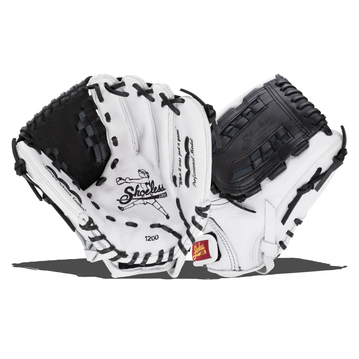 Front and back views of a white leather softball glove with black webbing and laces, featuring "Shoeless Jane" and "1200" printed on the palm.