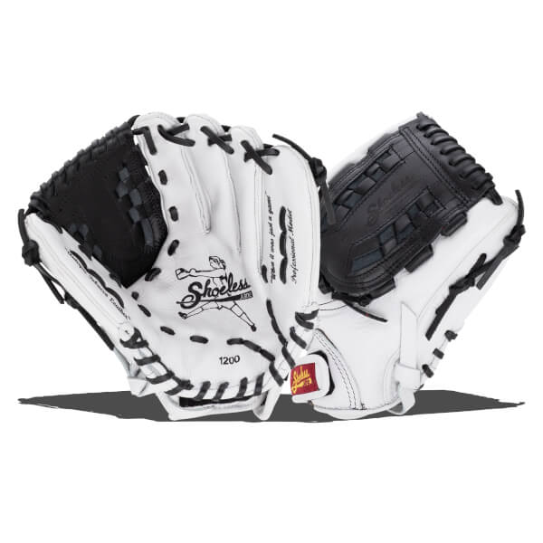 Front and back views of a white leather softball glove with black webbing and laces, featuring "Shoeless Jane" and "1200" printed on the palm.