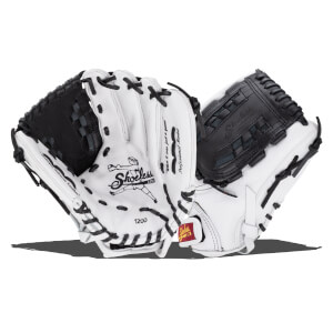 Front and back views of a white leather softball glove with black webbing and laces, featuring "Shoeless Jane" and "1200" printed on the palm.