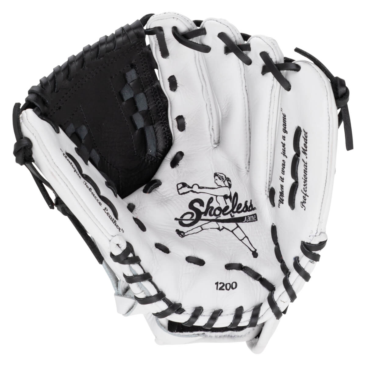 Front view of a white fastpitch softball glove with black webbing and laces, featuring the "Shoeless Jane" logo and "1200" model number on the palm.