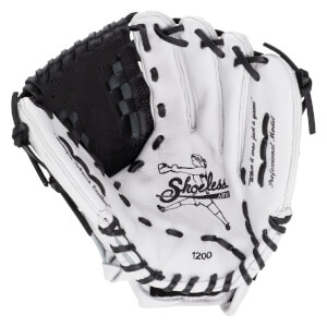 Front view of a white fastpitch softball glove with black webbing and laces, featuring the "Shoeless Jane" logo and "1200" model number on the palm.