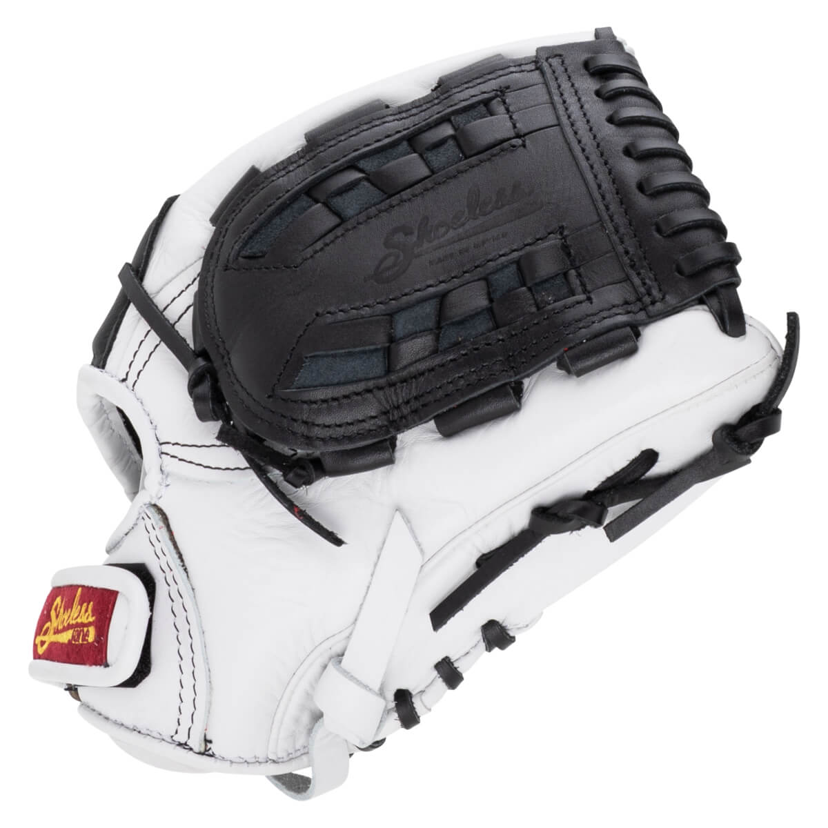 Back view of a white softball glove featuring a black basket weave web with the Shoeless Jane logo and a red Shoeless brand tag on the wrist strap.
