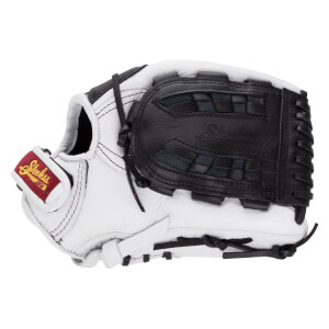 Back view of a white and black softball glove featuring a closed web embossed with "Shoeless" and a red wrist strap label with "Shoeless" in gold script.