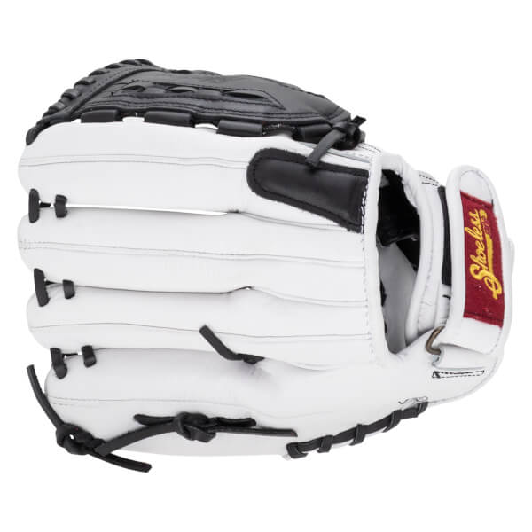 Back view of a white leather softball glove featuring black accents and a red wrist strap with "Shoeless Joe" in yellow script.