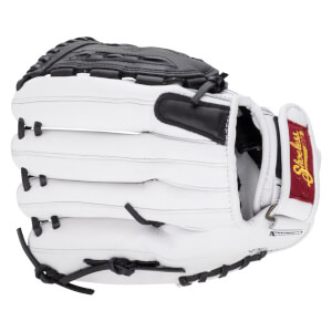 Back view of a white leather softball glove featuring black accents and a red wrist strap with "Shoeless Joe" in yellow script.