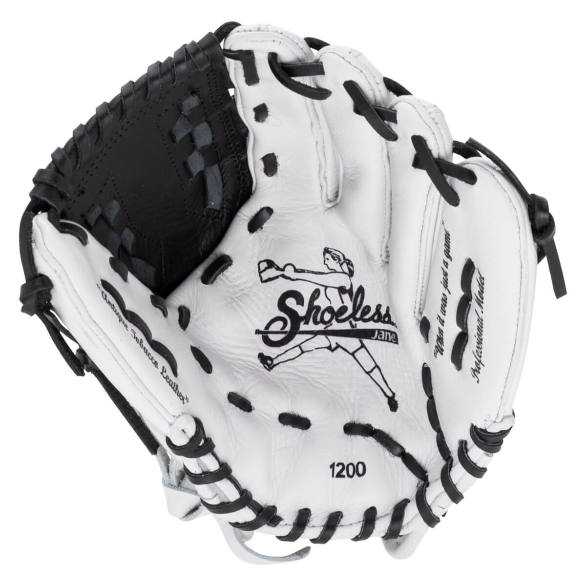 Front palm view of a white leather softball glove with black laces and a basket weave web, featuring "Shoeless Jane" and "1200" printed on the palm.