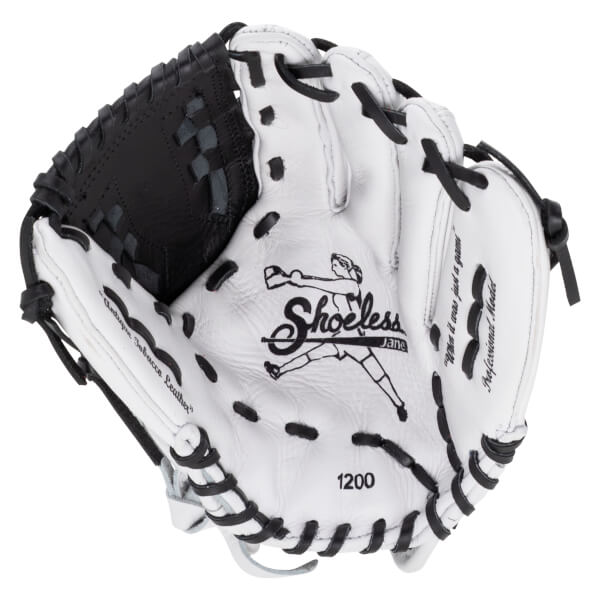 Front palm view of a white leather softball glove with black laces and a basket weave web, featuring "Shoeless Jane" and "1200" printed on the palm.