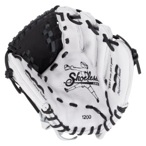 Front palm view of a white leather softball glove with black laces and a basket weave web, featuring "Shoeless Jane" and "1200" printed on the palm.