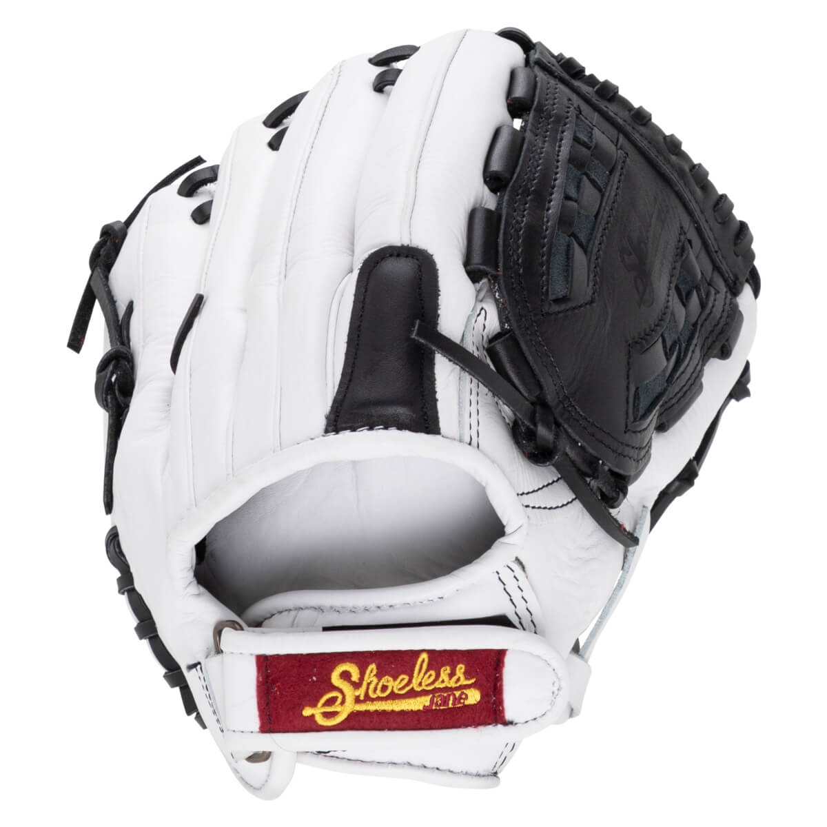Back view of a white softball glove with black webbing and a red wrist strap label featuring "Shoeless Jane" written in yellow script.