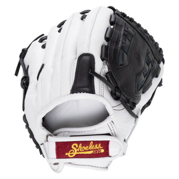 Back view of a white softball glove with black webbing and a red wrist strap label featuring "Shoeless Jane" written in yellow script.