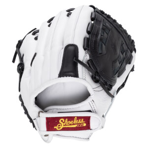 Back view of a white softball glove with black webbing and a red wrist strap label featuring "Shoeless Jane" written in yellow script.