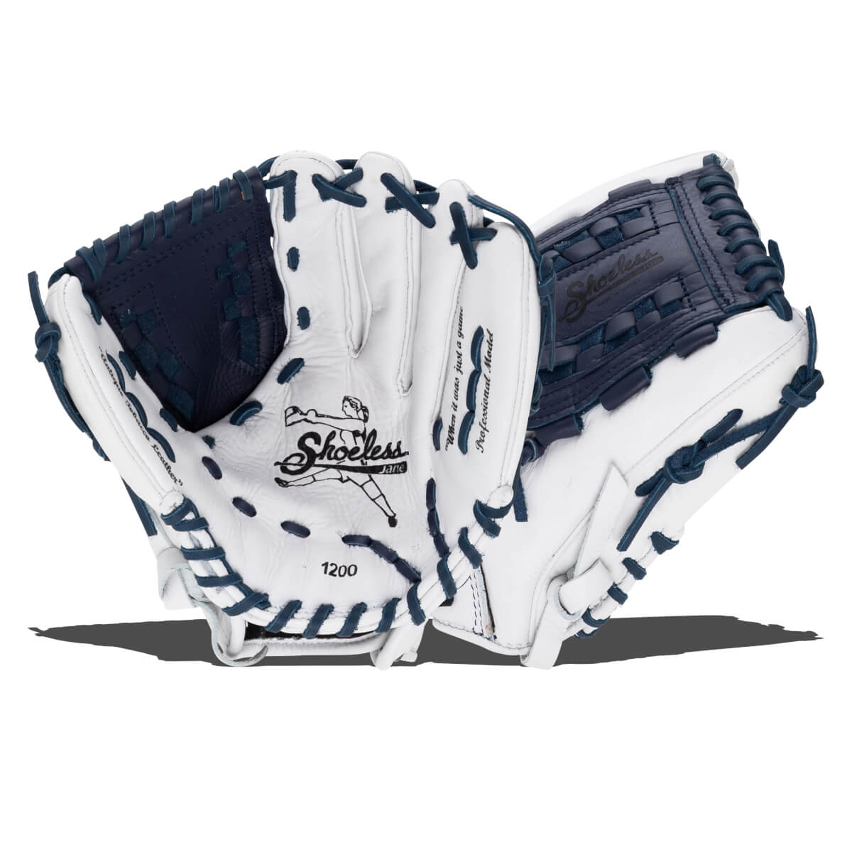 Front and back views of a white leather softball glove with navy blue laces, featuring the Shoeless Jane logo and number 1200 on the palm.