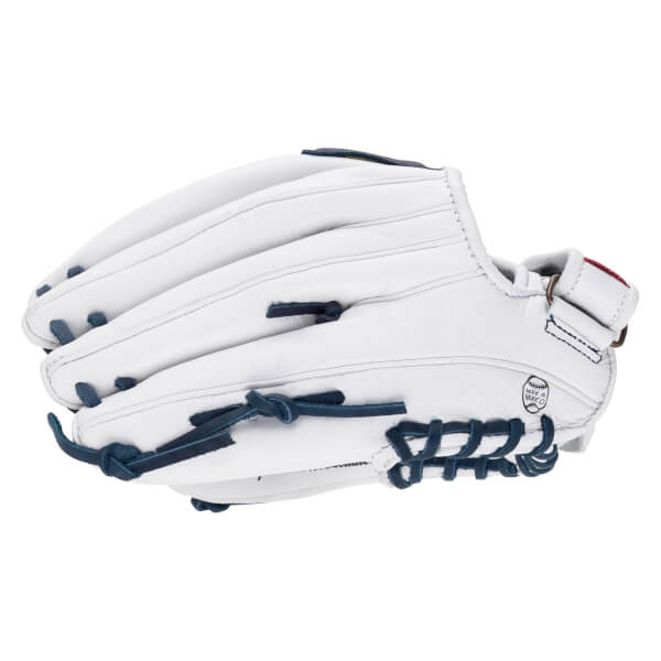 Back view of the white leather fastpitch softball glove featuring navy blue laces and a circular logo that reads MADE IN MEXICO.