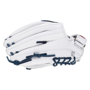 Back view of the white leather fastpitch softball glove featuring navy blue laces and a circular logo that reads MADE IN MEXICO.