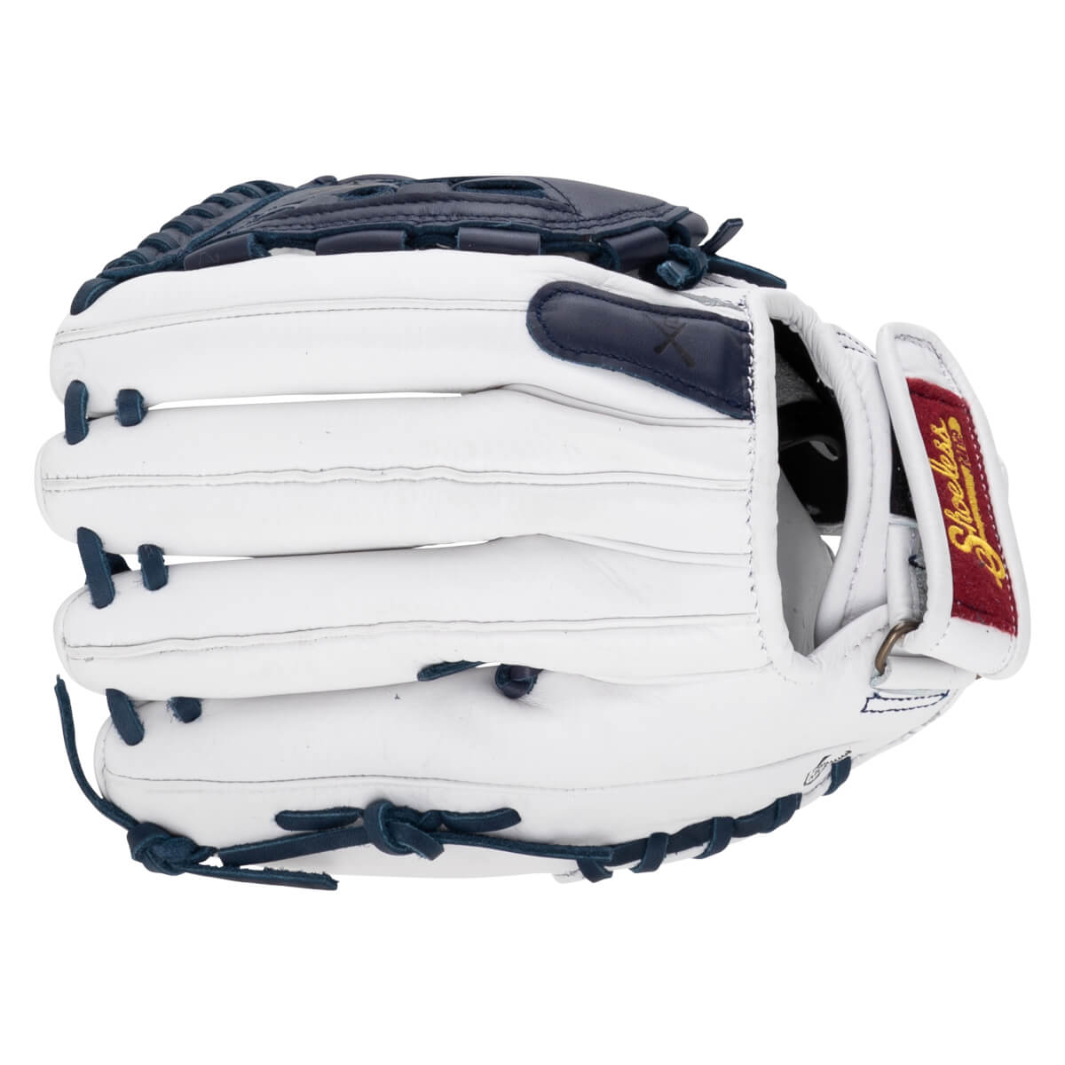 Back view of a white fastpitch glove with navy blue accents and laces, featuring a red wrist label with the Shoeless Joe brand name.