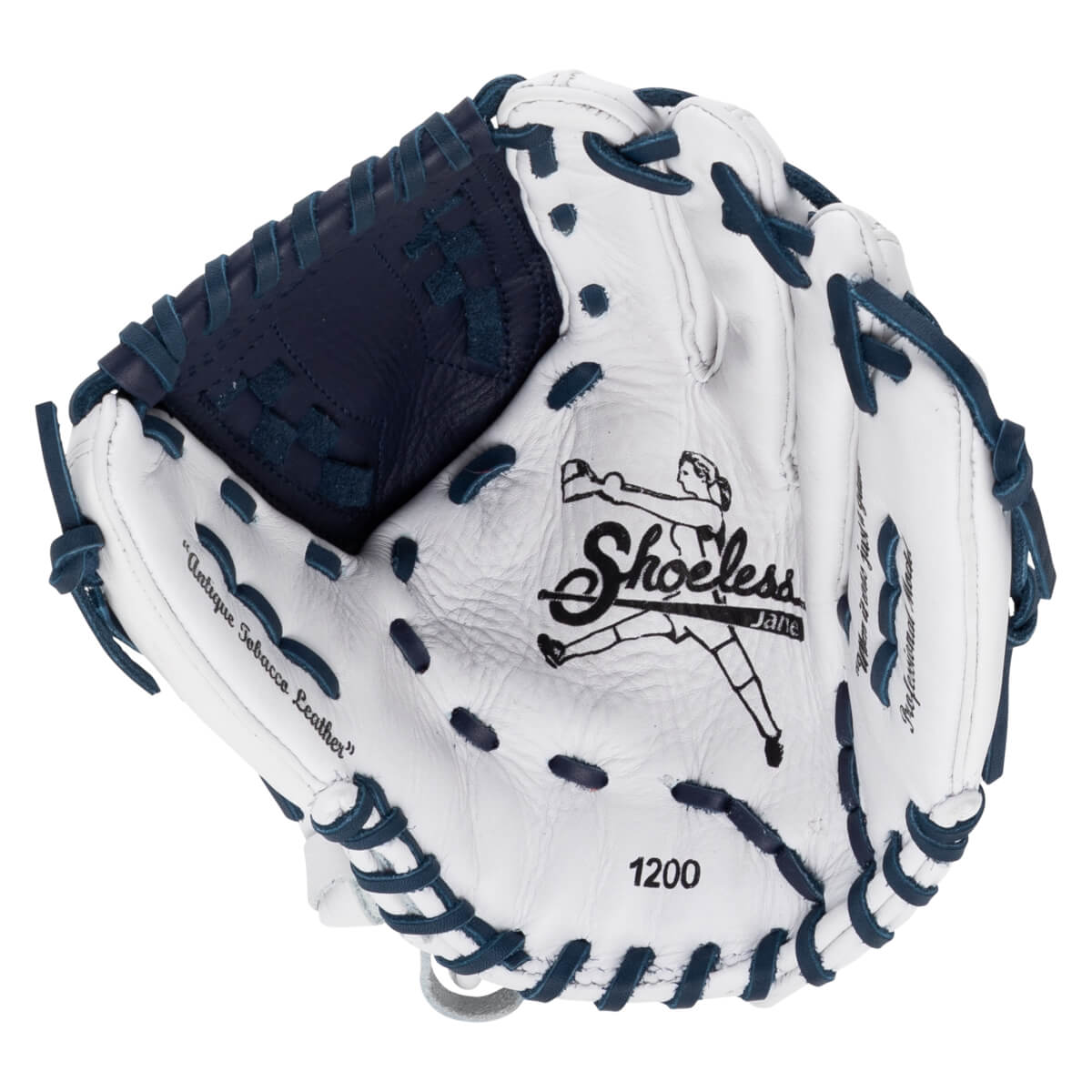 Front view of a white fastpitch softball glove with navy blue laces and web, featuring the "Shoeless Jane" logo and "1200" printed on the palm.