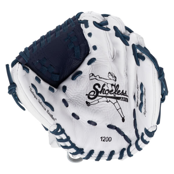 Front view of a white fastpitch softball glove with navy blue laces and web, featuring the "Shoeless Jane" logo and "1200" printed on the palm.
