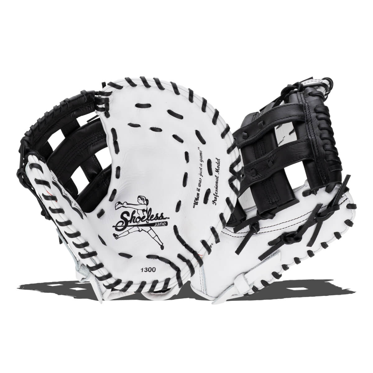 Front and back view of a white and black first base mitt featuring black lacing and the text "Shoeless Jane," "Professional Model," and "1300."