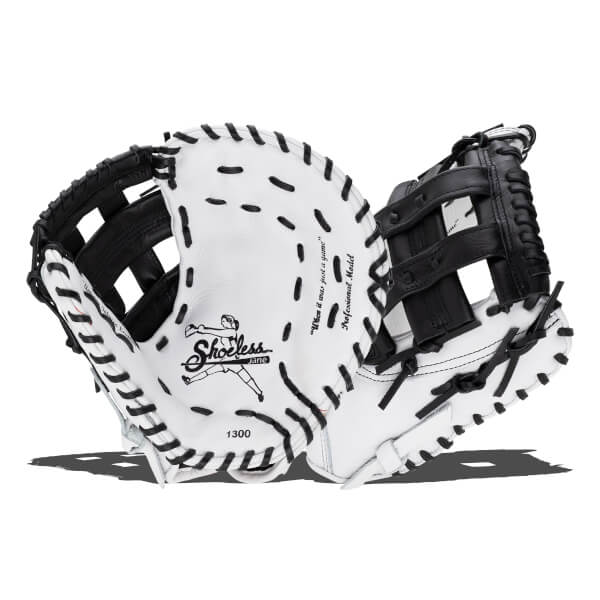Front and back view of a white and black first base mitt featuring black lacing and the text "Shoeless Jane," "Professional Model," and "1300."