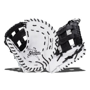 Front and back view of a white and black first base mitt featuring black lacing and the text "Shoeless Jane," "Professional Model," and "1300."