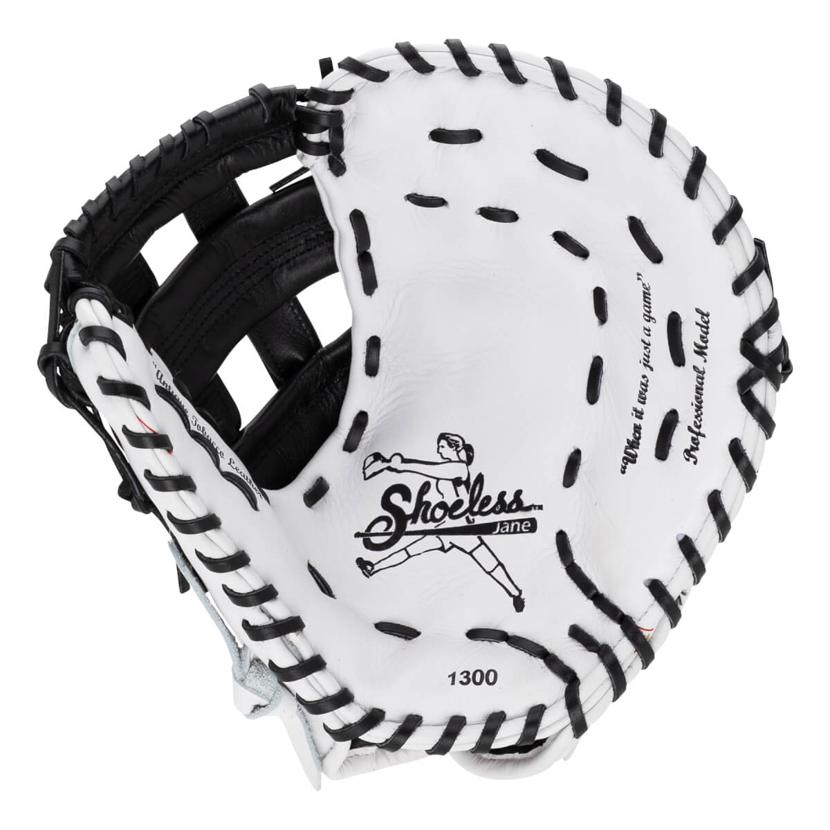 Front view of a white leather first base mitt with black laces featuring the Shoeless Jane logo, "1300," "Professional Model," and "When it was just a game" text.