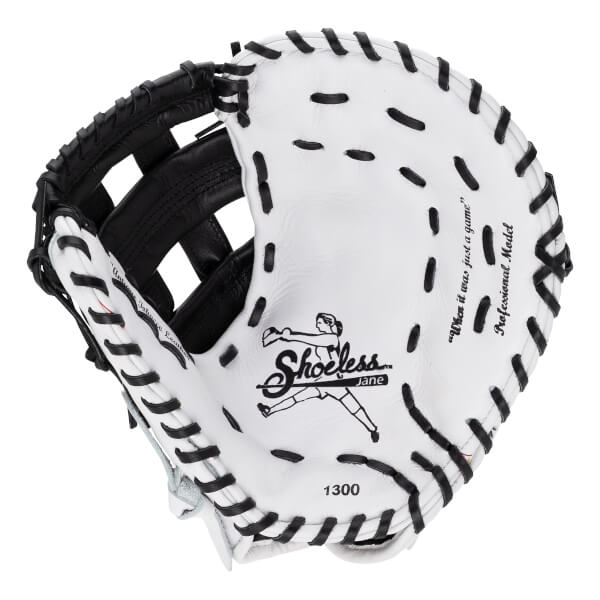 Front view of a white leather first base mitt with black laces featuring the Shoeless Jane logo, "1300," "Professional Model," and "When it was just a game" text.
