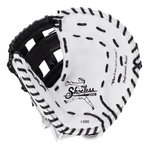 Front view of a white leather first base mitt with black laces featuring the Shoeless Jane logo, "1300," "Professional Model," and "When it was just a game" text.