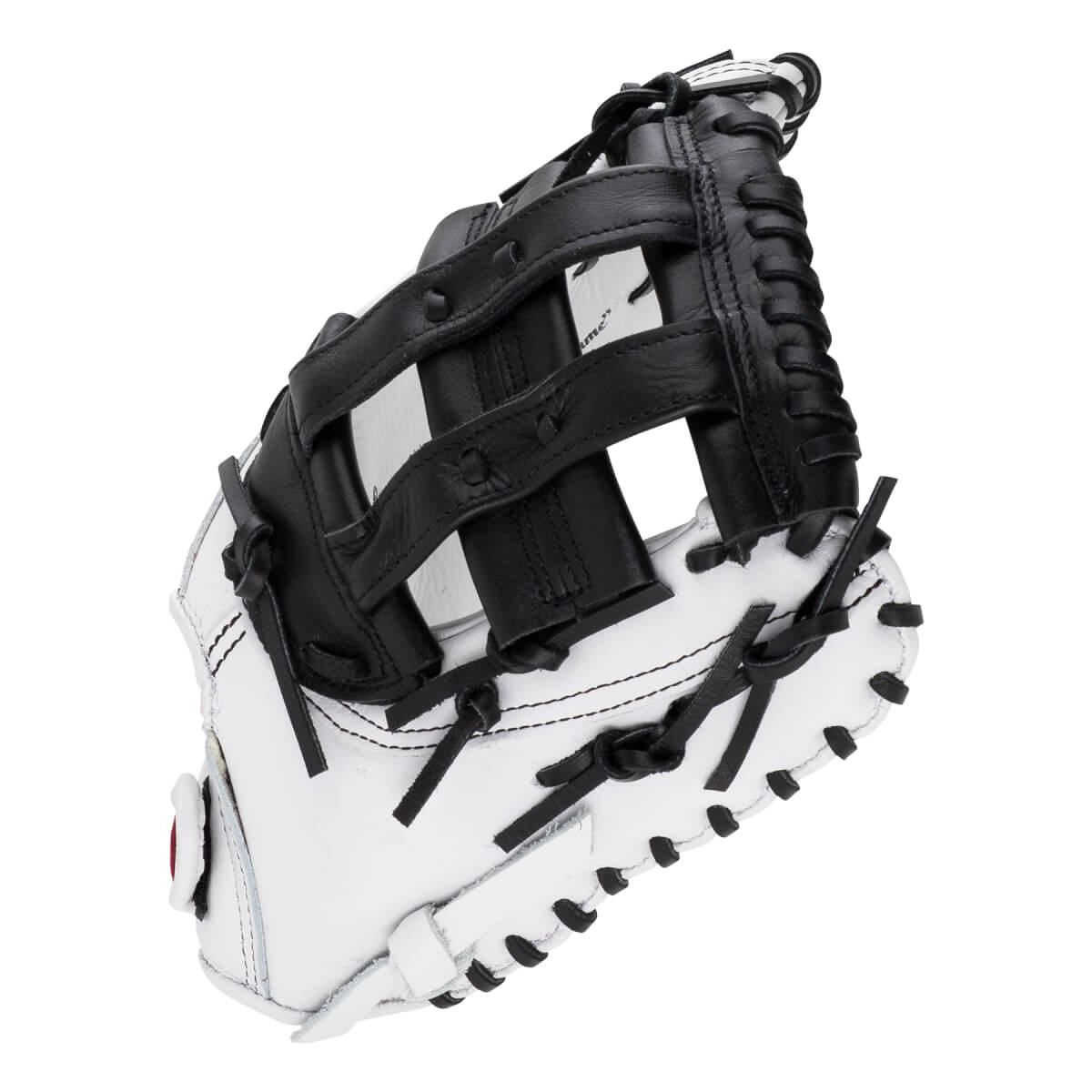 Angled side view of a white and black softball first base mitt featuring a black H-web and the word "Jane" visible on the inner pocket.