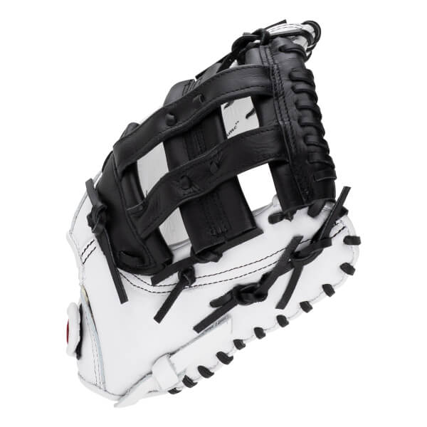 Angled side view of a white and black softball first base mitt featuring a black H-web and the word "Jane" visible on the inner pocket.