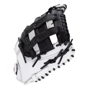 Angled side view of a white and black softball first base mitt featuring a black H-web and the word "Jane" visible on the inner pocket.
