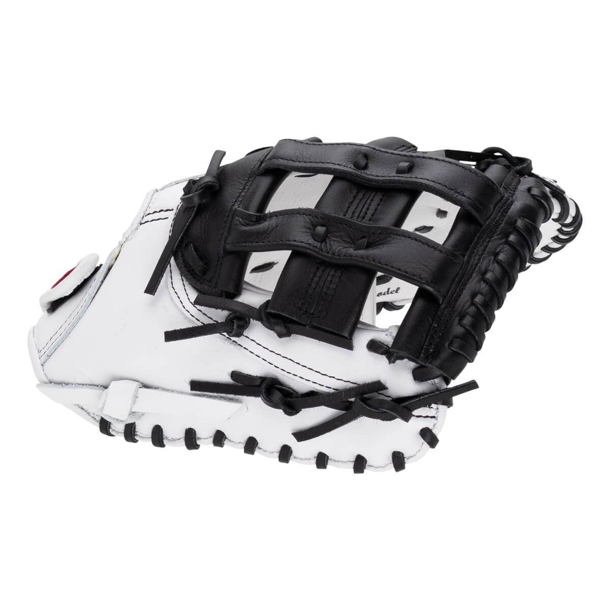 Front view shows the pocket of a white leather first base mitt with black H-webbing, black laces, and the word "odel" visible inside.