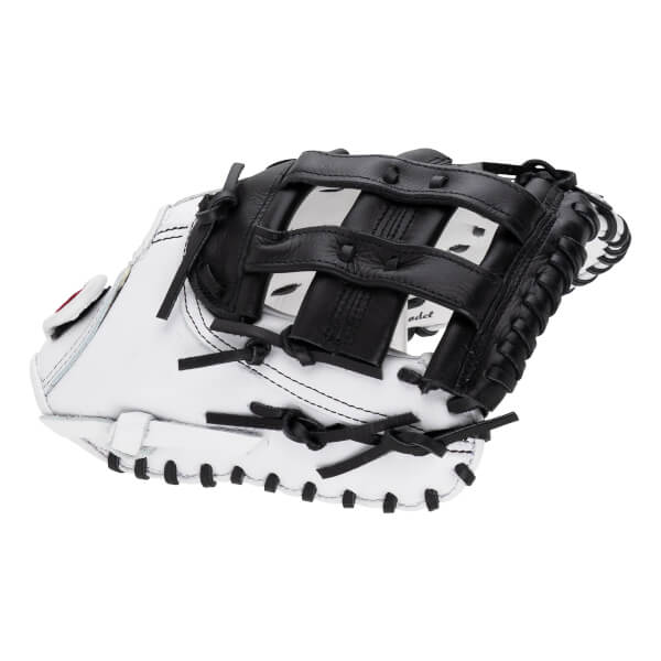 Front view shows the pocket of a white leather first base mitt with black H-webbing, black laces, and the word "odel" visible inside.