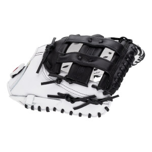 Front view shows the pocket of a white leather first base mitt with black H-webbing, black laces, and the word "odel" visible inside.