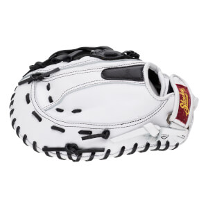 Back view of the white leather softball mitt featuring black laces and a red wrist strap with the "Shoeless" logo in gold script.